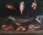 still life with fish crustaceans onions oranges and cat